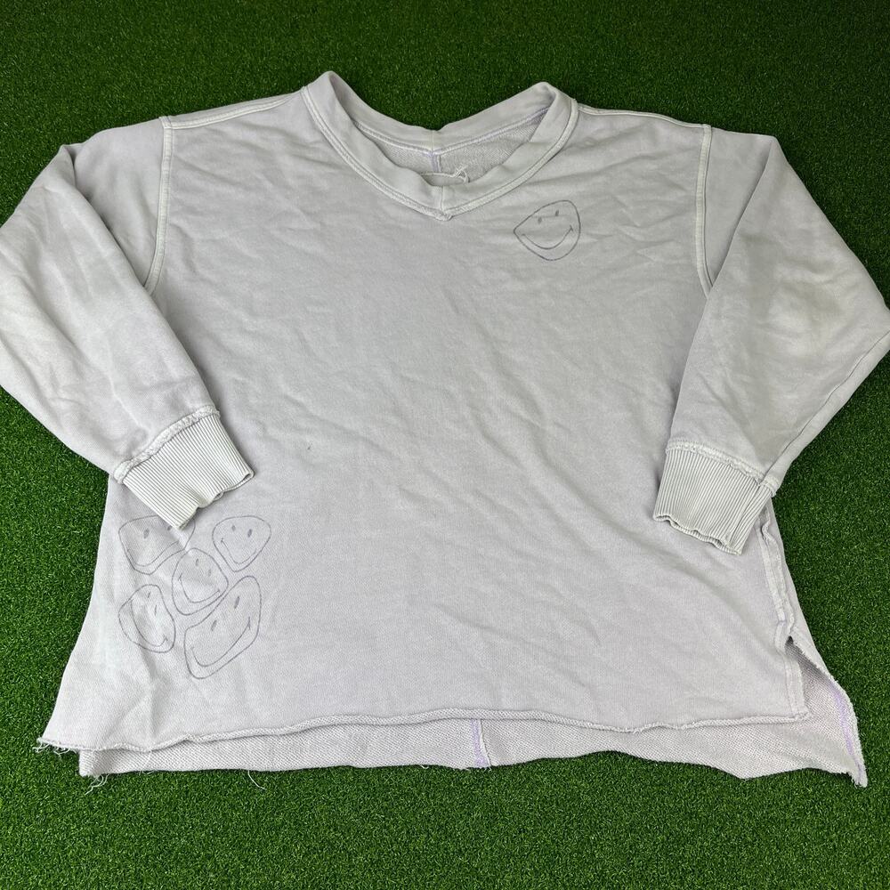 Aerie Womens Gray V Neck Raw Hem Oversized Smiley Sweatshirt Sz XS